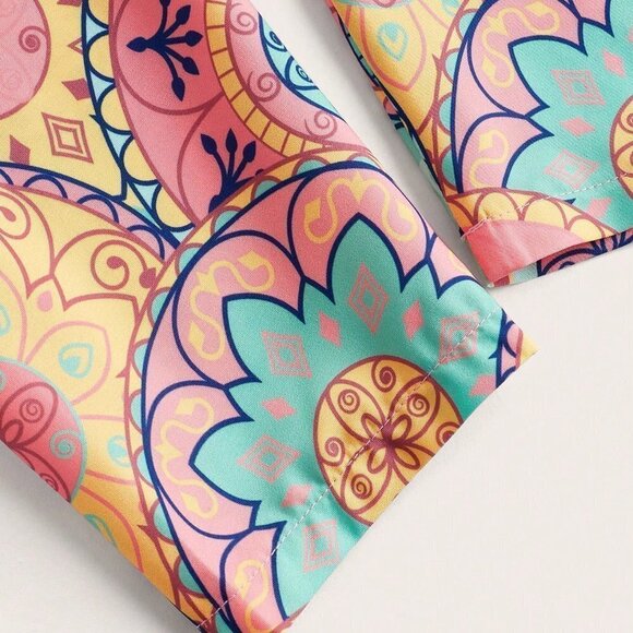 Multicolor Boho Womens Tie-Front Neck Loose Fit Printed Maxi Dress - Picture 3 of 5